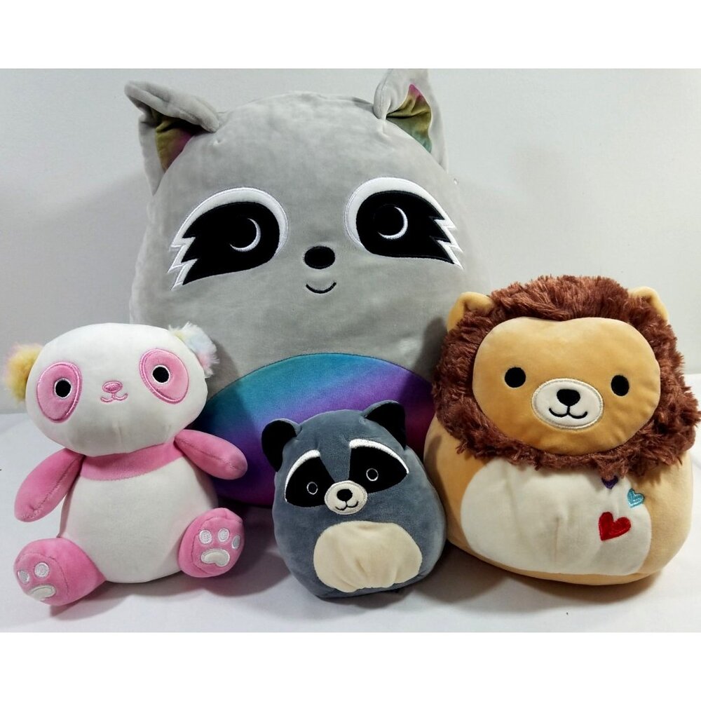 Squishmallows lot of 4 Kaldette Pink Panda Randy Max Raccoon Francis Lion Plush